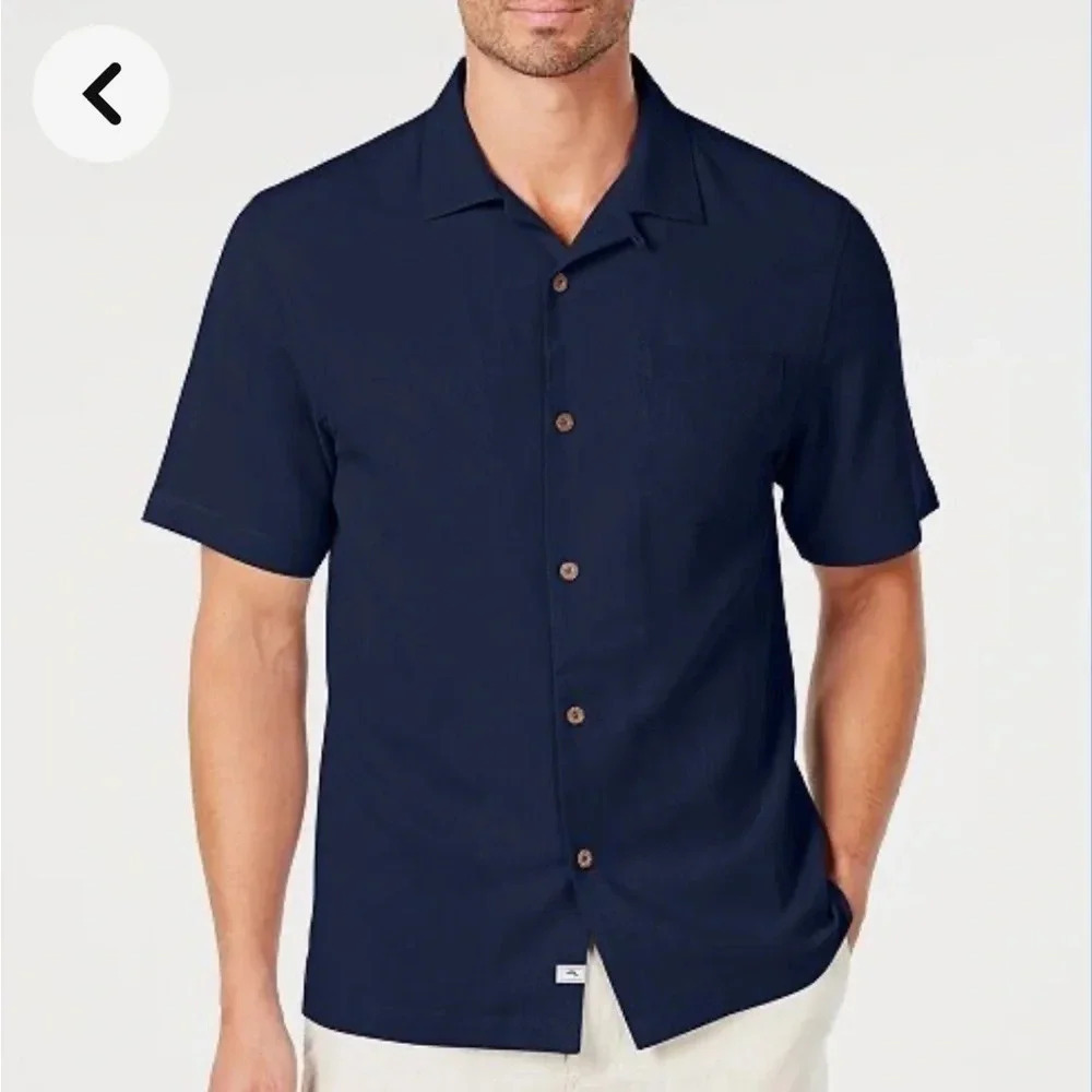 2105. MEN’S TOMMY BAHAMA BUTTON UP SHORT SLEEVE SHIRT SIZE SMALL NAVY BLUE